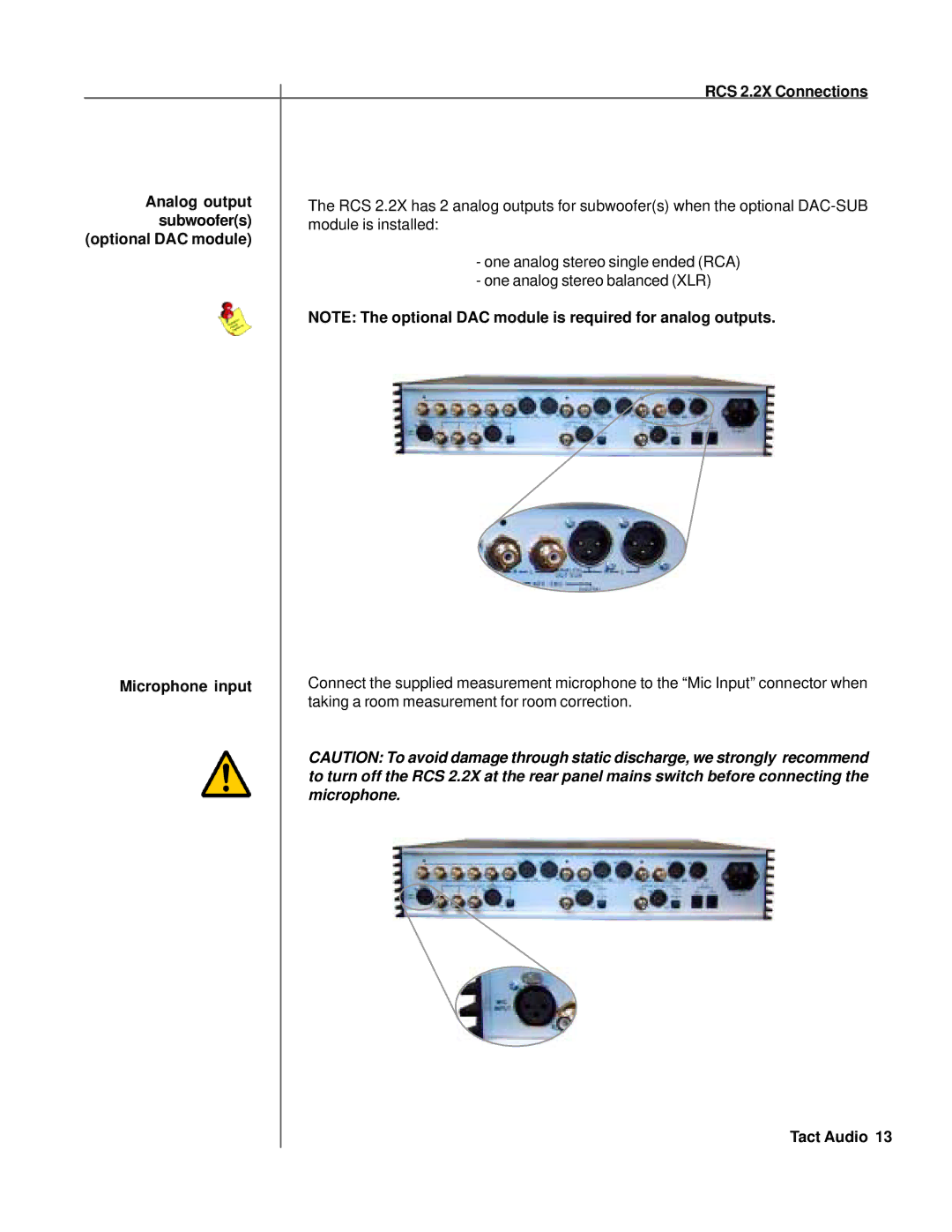 TacT Audio owner manual RCS 2.2X Connections Analog output, Optional DAC module, Microphone input 