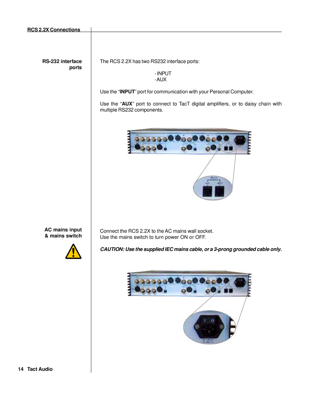 TacT Audio owner manual RCS 2.2X Connections RS-232 interface, Ports, AC mains input & mains switch 