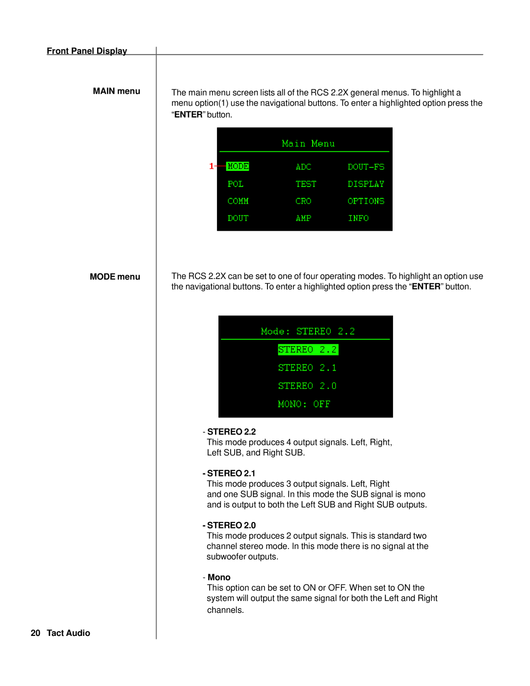 TacT Audio RCS 2.2X owner manual Mode menu, Stereo, Mono 