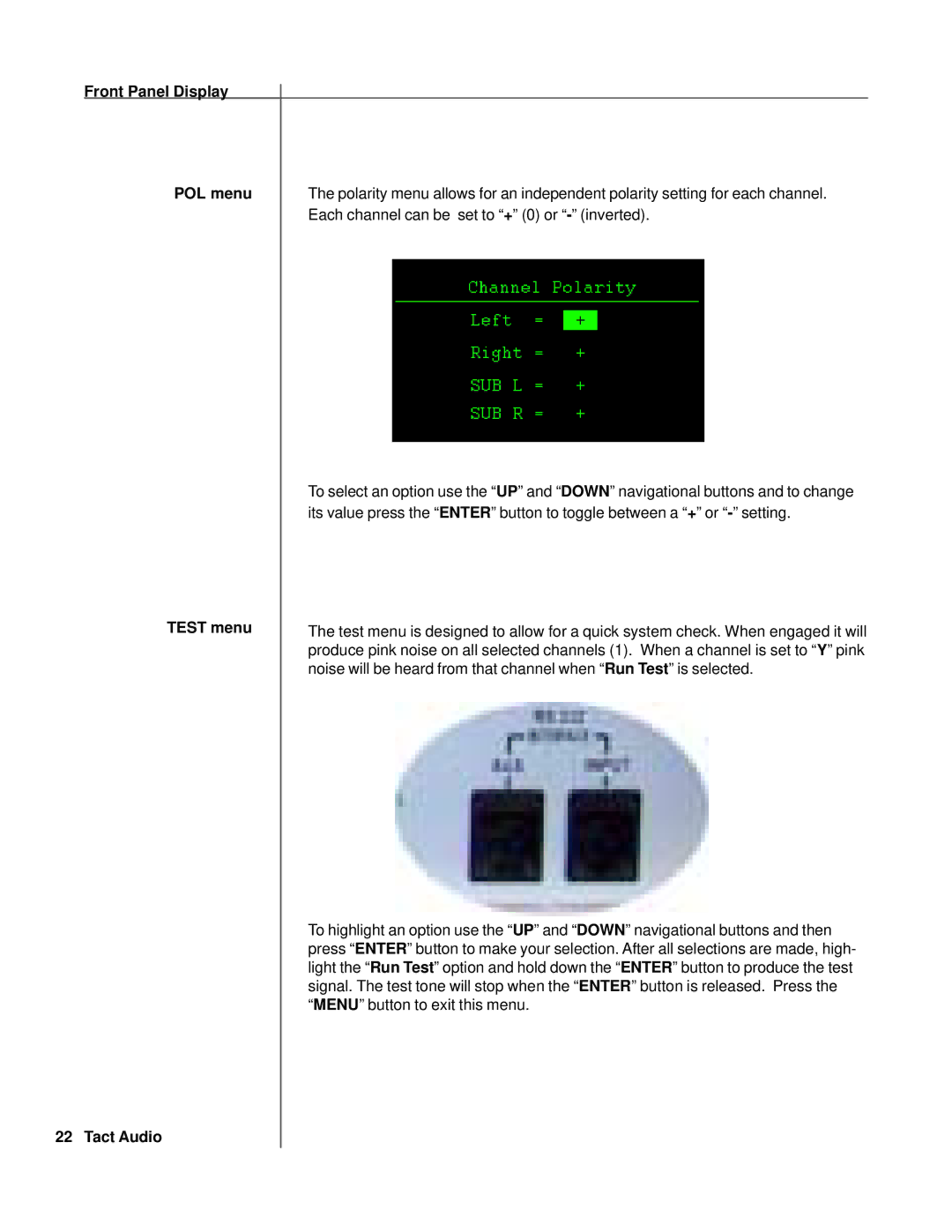 TacT Audio RCS 2.2X owner manual Front Panel Display POL menu, Test menu 