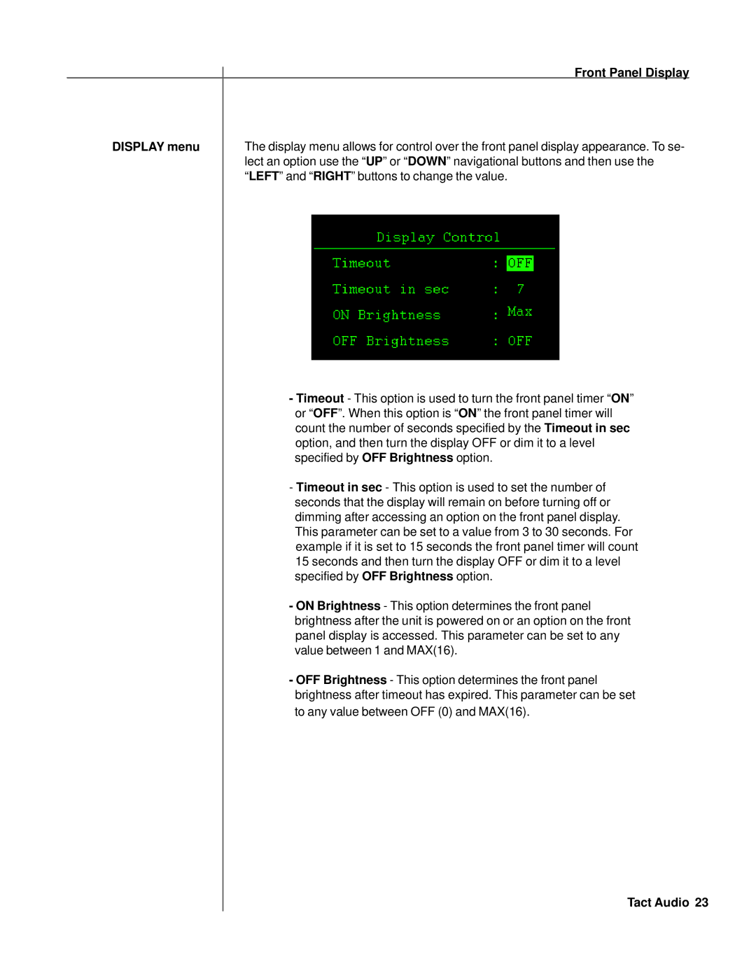 TacT Audio RCS 2.2X owner manual Front Panel Display Display menu 