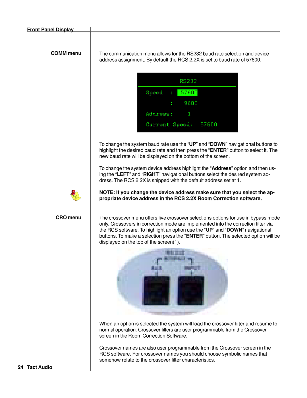 TacT Audio RCS 2.2X owner manual Front Panel Display, CRO menu 