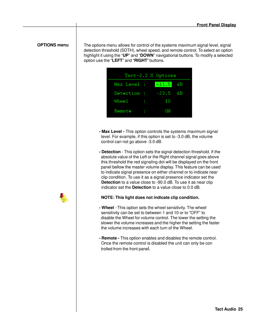 TacT Audio RCS 2.2X owner manual Options menu 