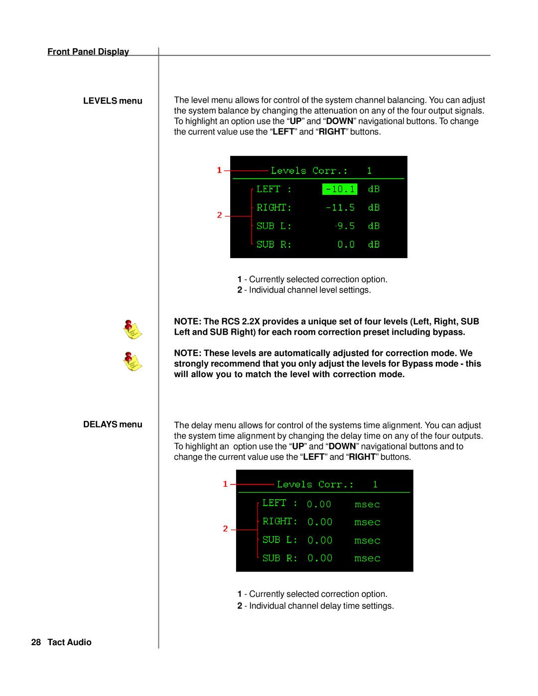 TacT Audio RCS 2.2X owner manual Msec, Front Panel Display Levels menu 