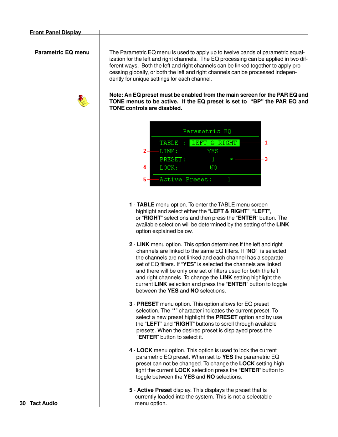 TacT Audio RCS 2.2X owner manual Front Panel Display Parametric EQ menu, Tone controls are disabled 