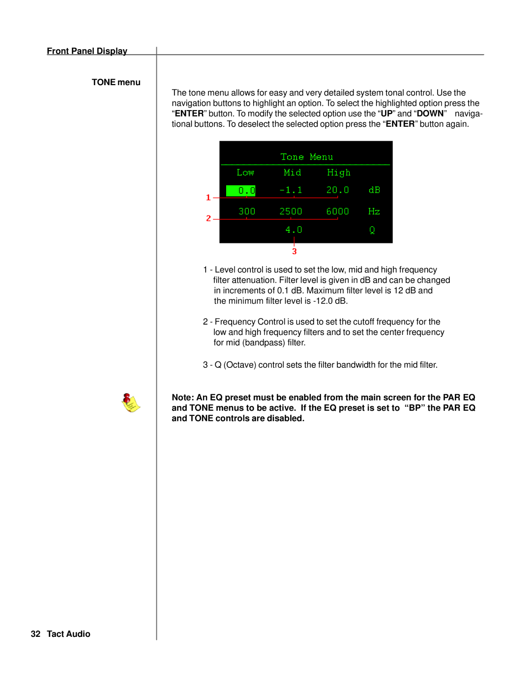 TacT Audio RCS 2.2X owner manual Front Panel Display Tone menu 