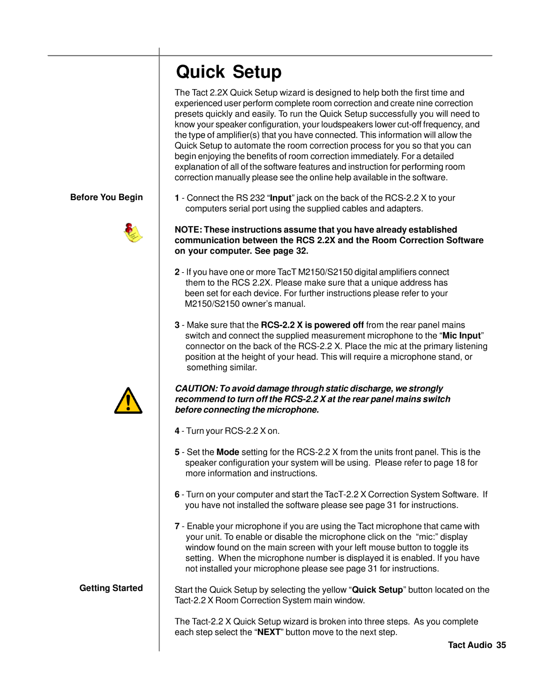 TacT Audio RCS 2.2X owner manual Quick Setup, Before You Begin Getting Started 