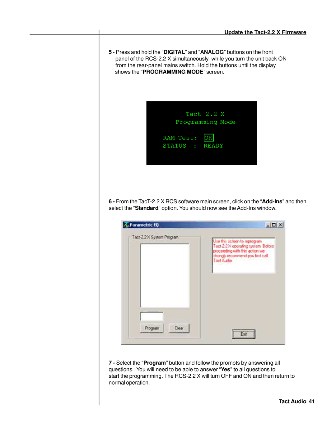 TacT Audio RCS 2.2X owner manual Status Ready, Update the Tact-2.2 X Firmware 