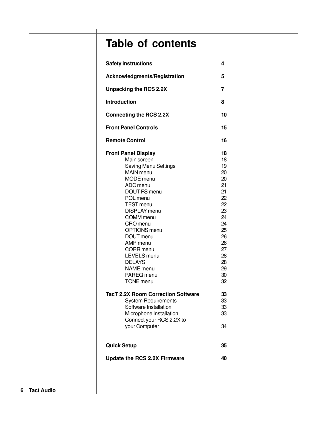 TacT Audio RCS 2.2X owner manual Table of contents 