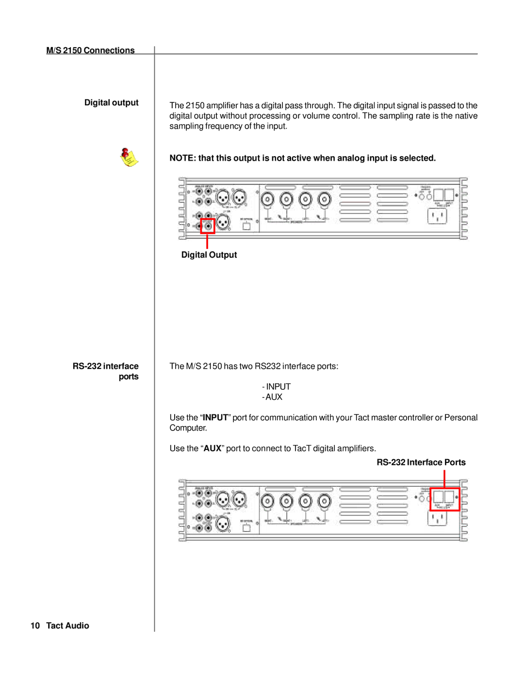 TacT Audio S2150, M2150 Connections Digital output, Sampling frequency of the input, Computer, RS-232 Interface Ports 