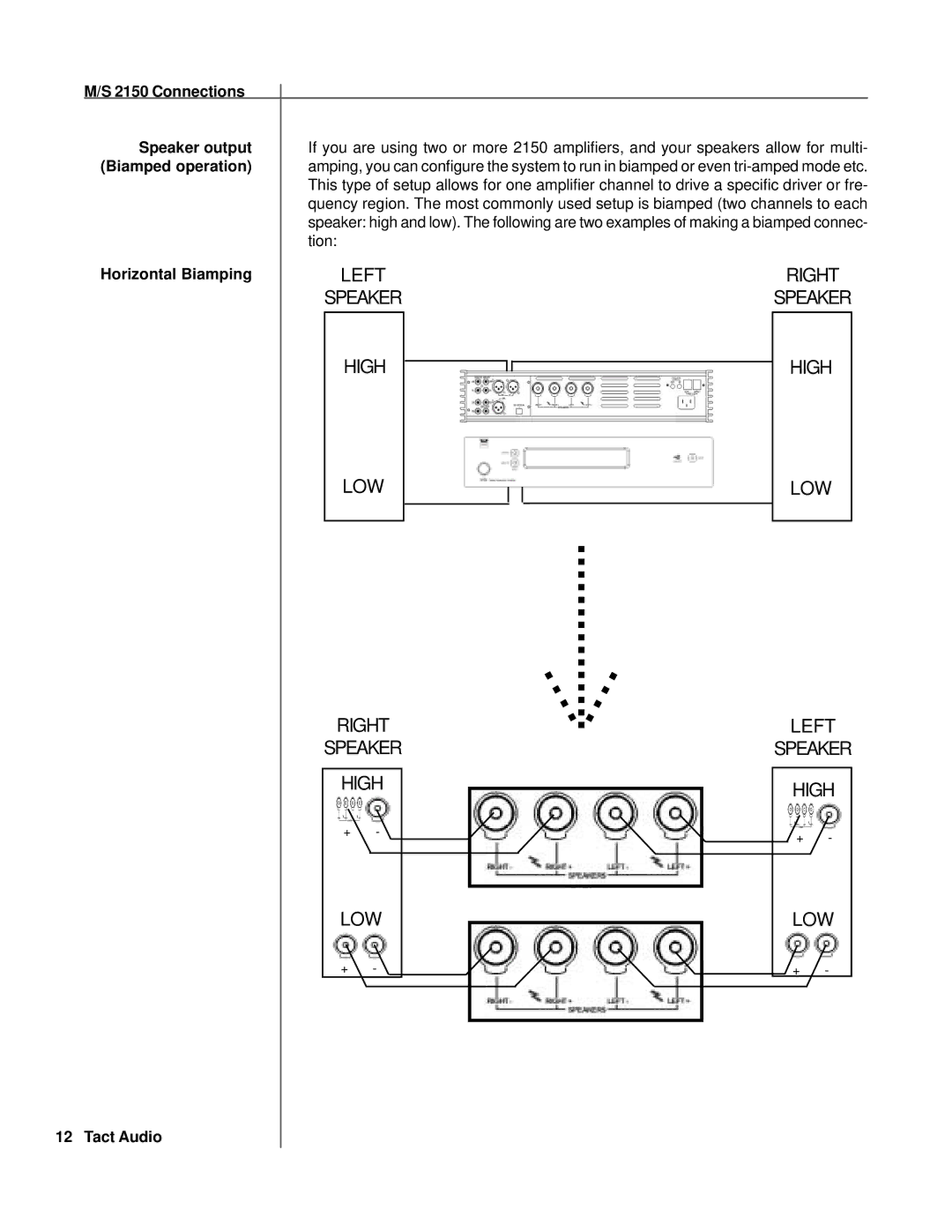 TacT Audio S2150, M2150 owner manual Connections Speaker output, Biamped operation, Horizontal Biamping 