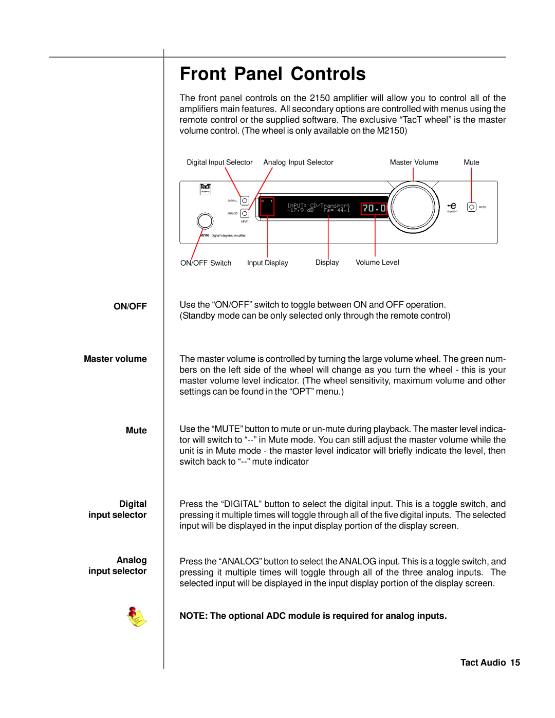 TacT Audio M2150, S2150 owner manual Front Panel Controls 