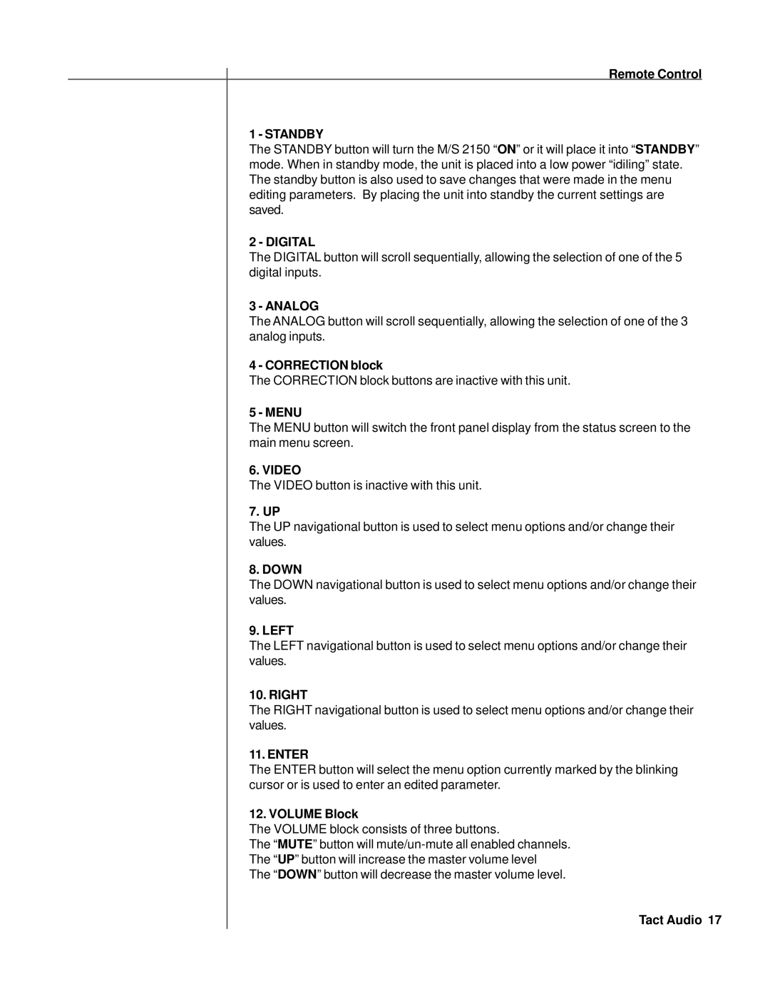 TacT Audio M2150, S2150 owner manual Correction block, Menu, Volume Block 