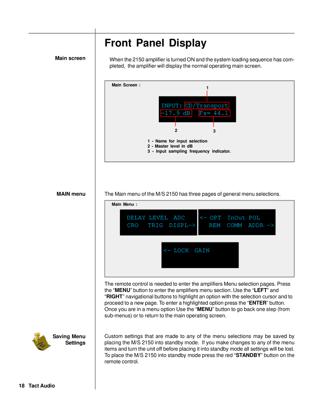 TacT Audio S2150, M2150 owner manual Front Panel Display, Main screen Main menu Saving Menu Settings Tact Audio 