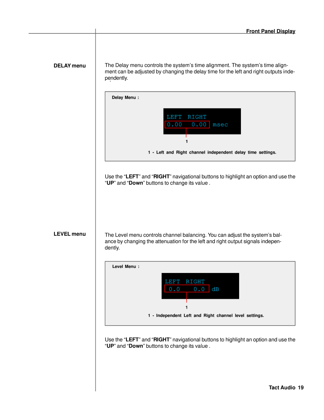 TacT Audio M2150, S2150 owner manual Front Panel Display Delay menu, Level menu 