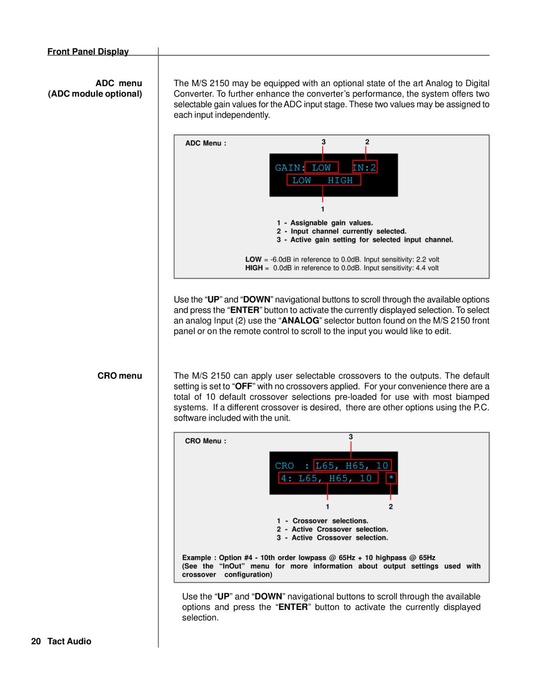 TacT Audio S2150, M2150 owner manual Low, LOW High, CRO menu 