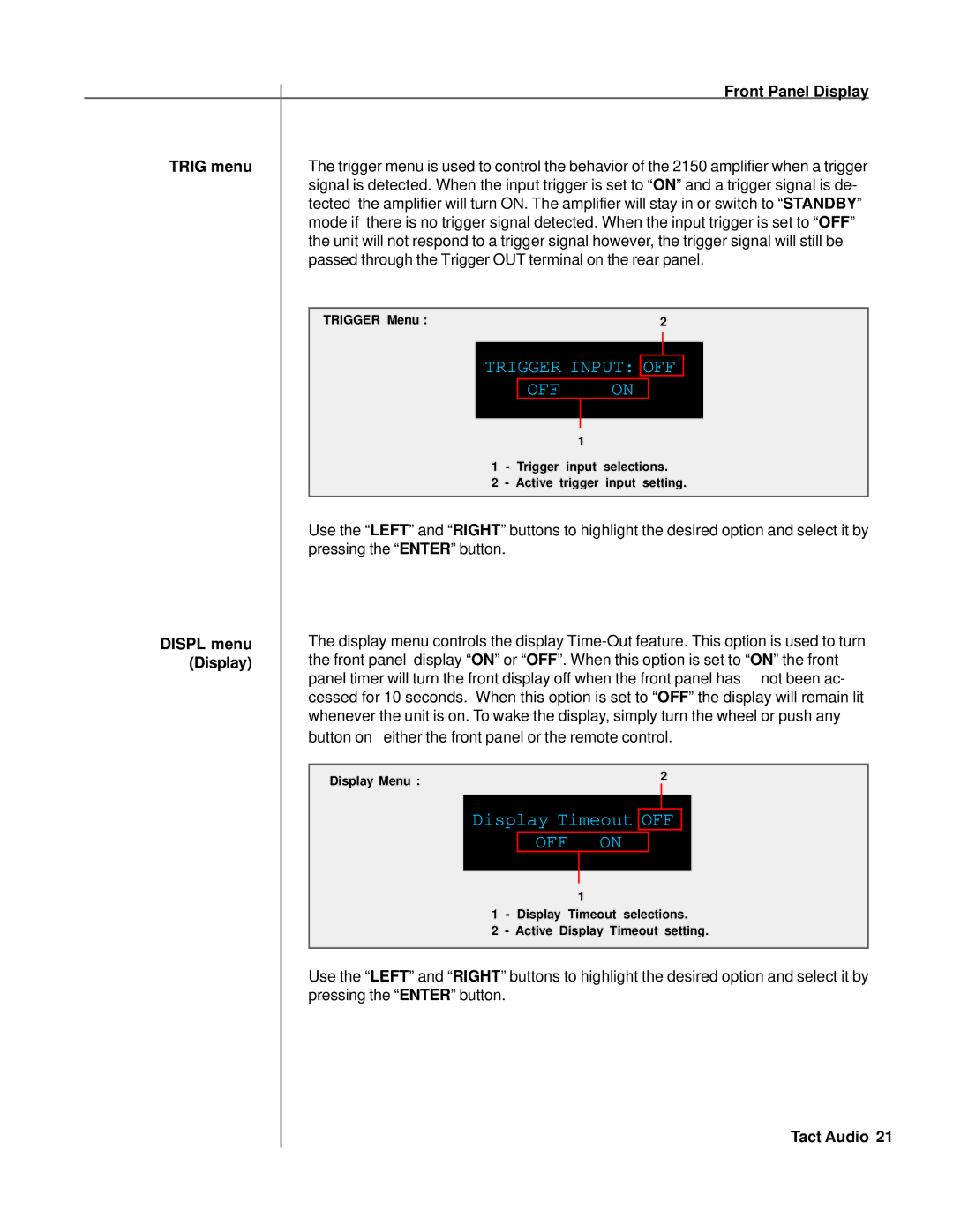 TacT Audio M2150, S2150 owner manual OFF on, Trig menu, Displ menu, Display 