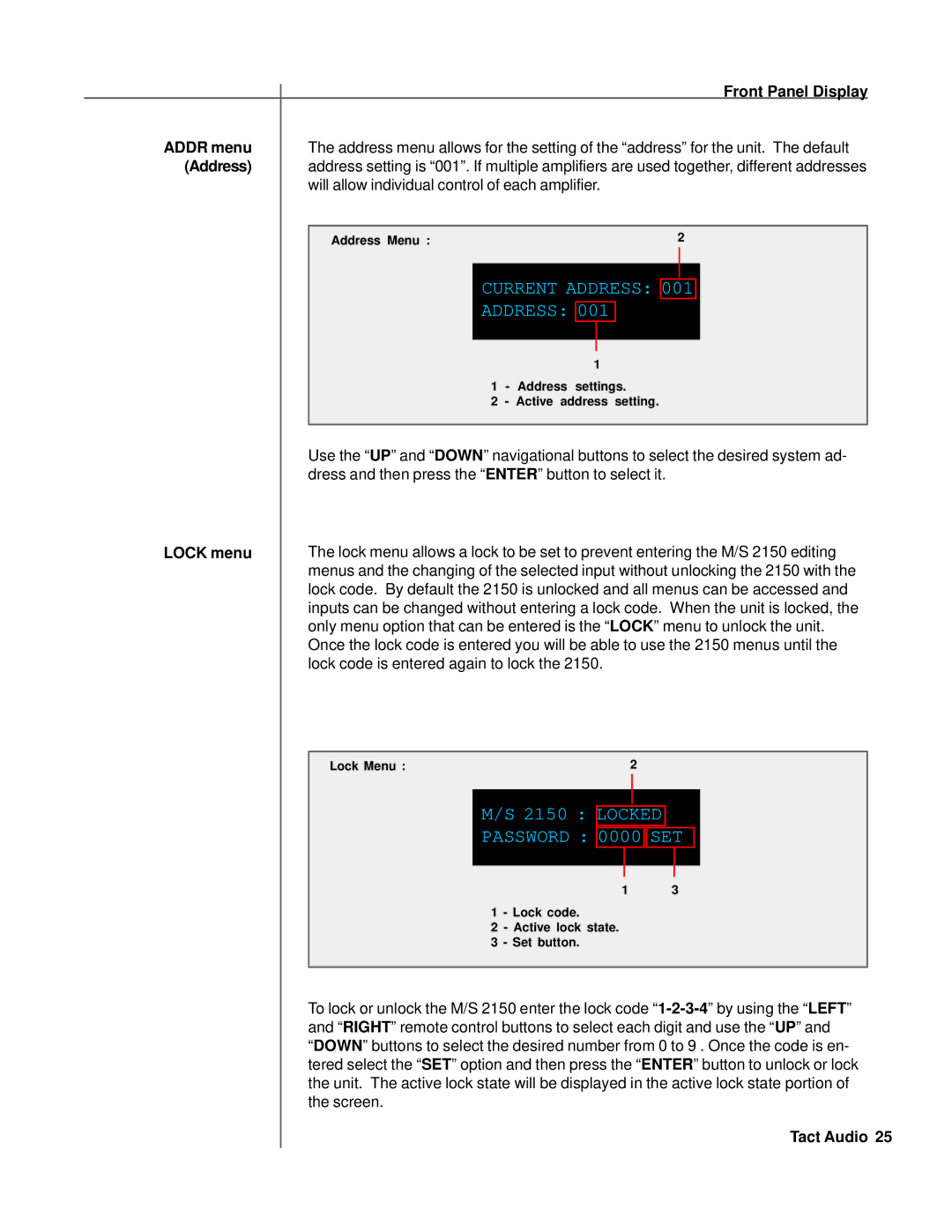 TacT Audio M2150, S2150 owner manual Current Address, Lock menu 