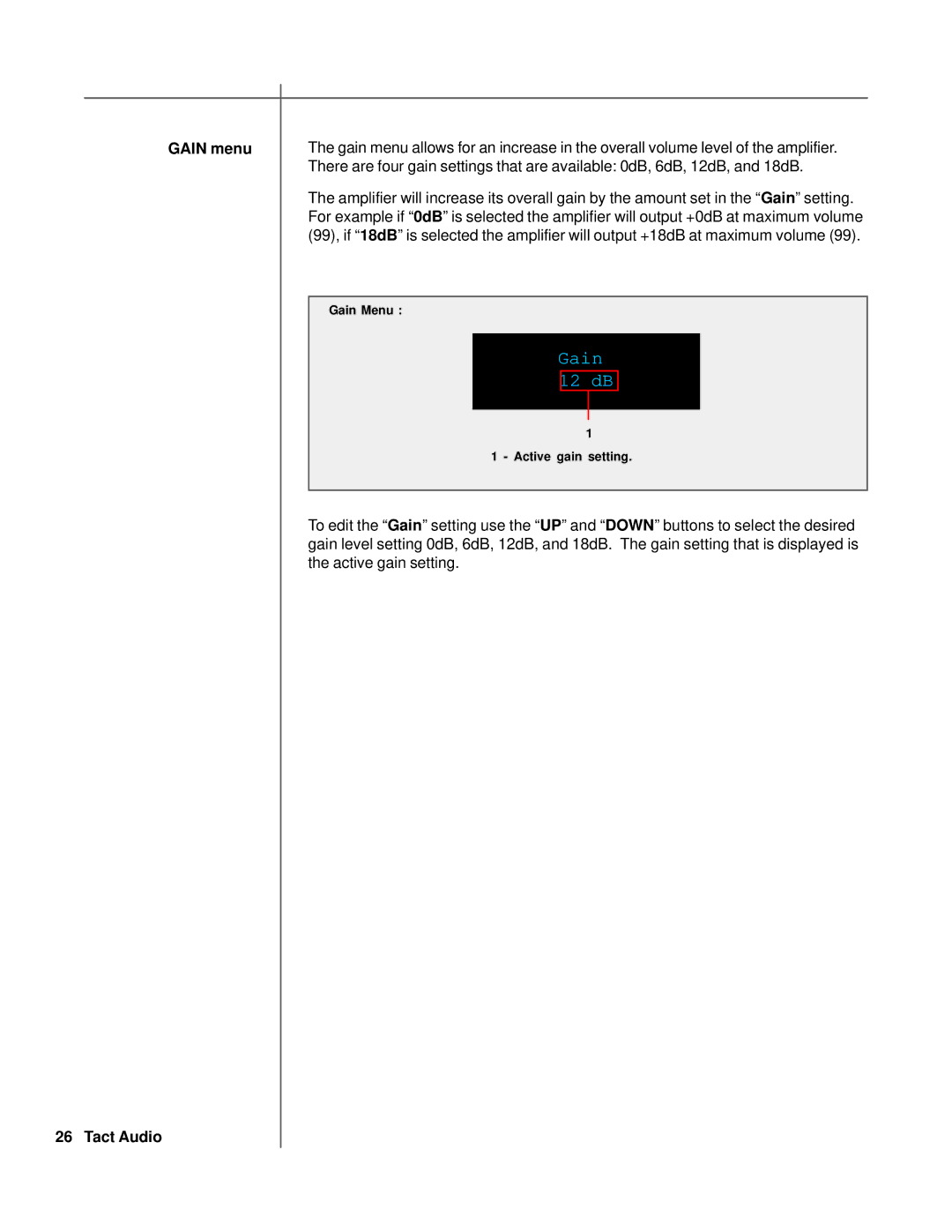 TacT Audio S2150, M2150 owner manual Gain 12 dB, Gain menu Tact Audio 