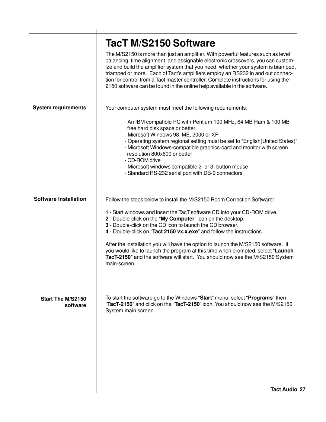 TacT Audio M2150 owner manual TacT M/S2150 Software 