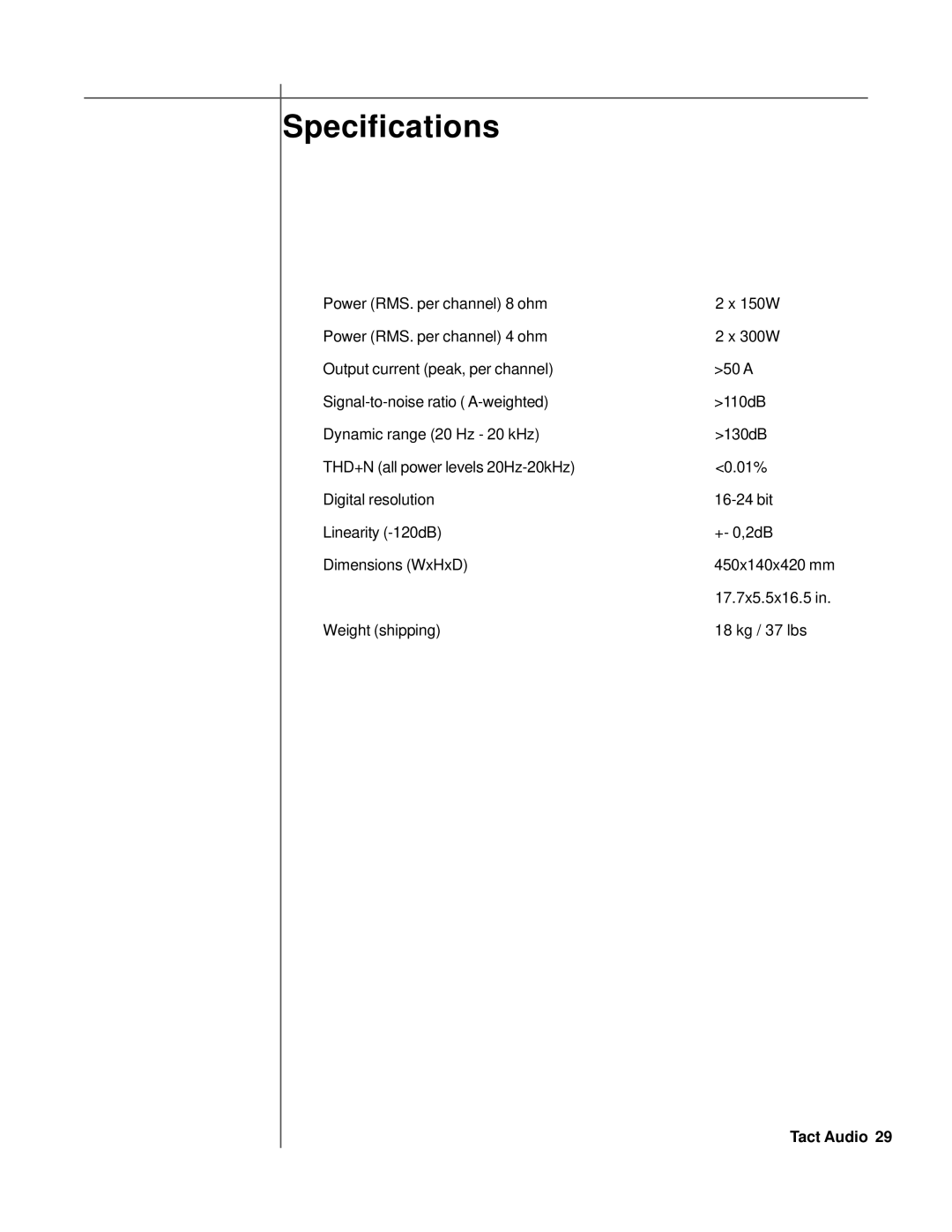 TacT Audio M2150, S2150 owner manual Specifications 