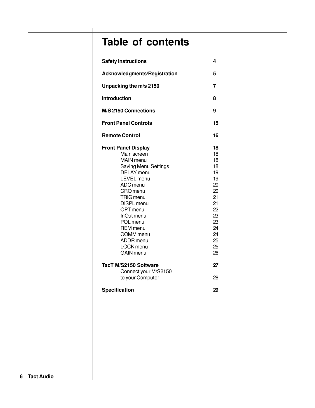 TacT Audio S2150, M2150 owner manual Table of contents 