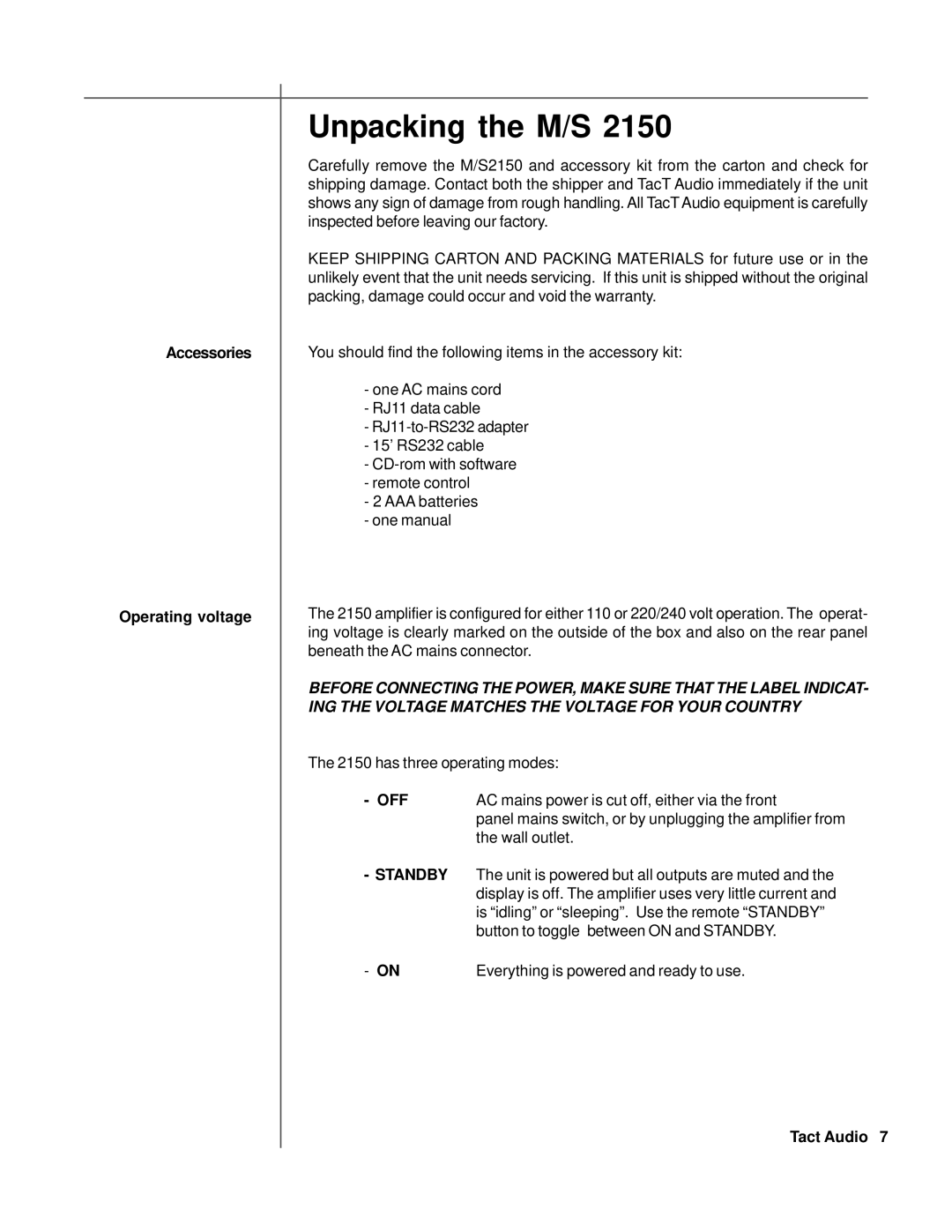 TacT Audio M2150, S2150 owner manual Unpacking the M/S, Accessories Operating voltage 