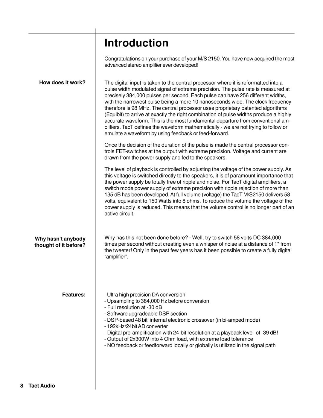 TacT Audio S2150, M2150 owner manual Introduction 