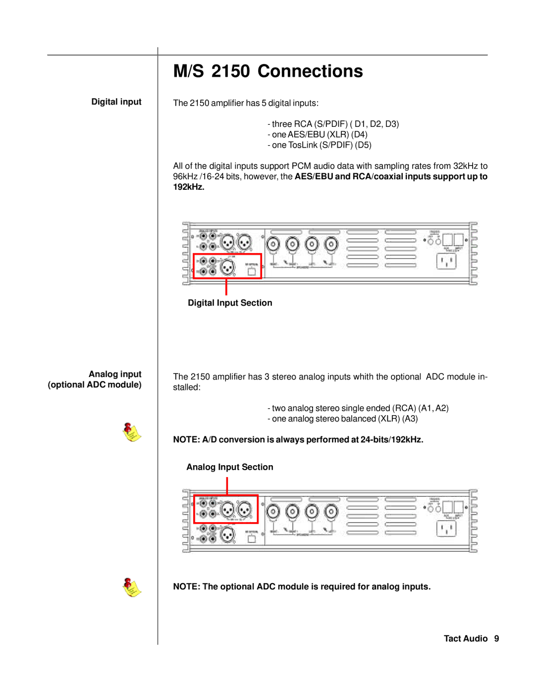 TacT Audio M2150, S2150 owner manual Connections, Digital input Analog input optional ADC module, Digital Input Section 