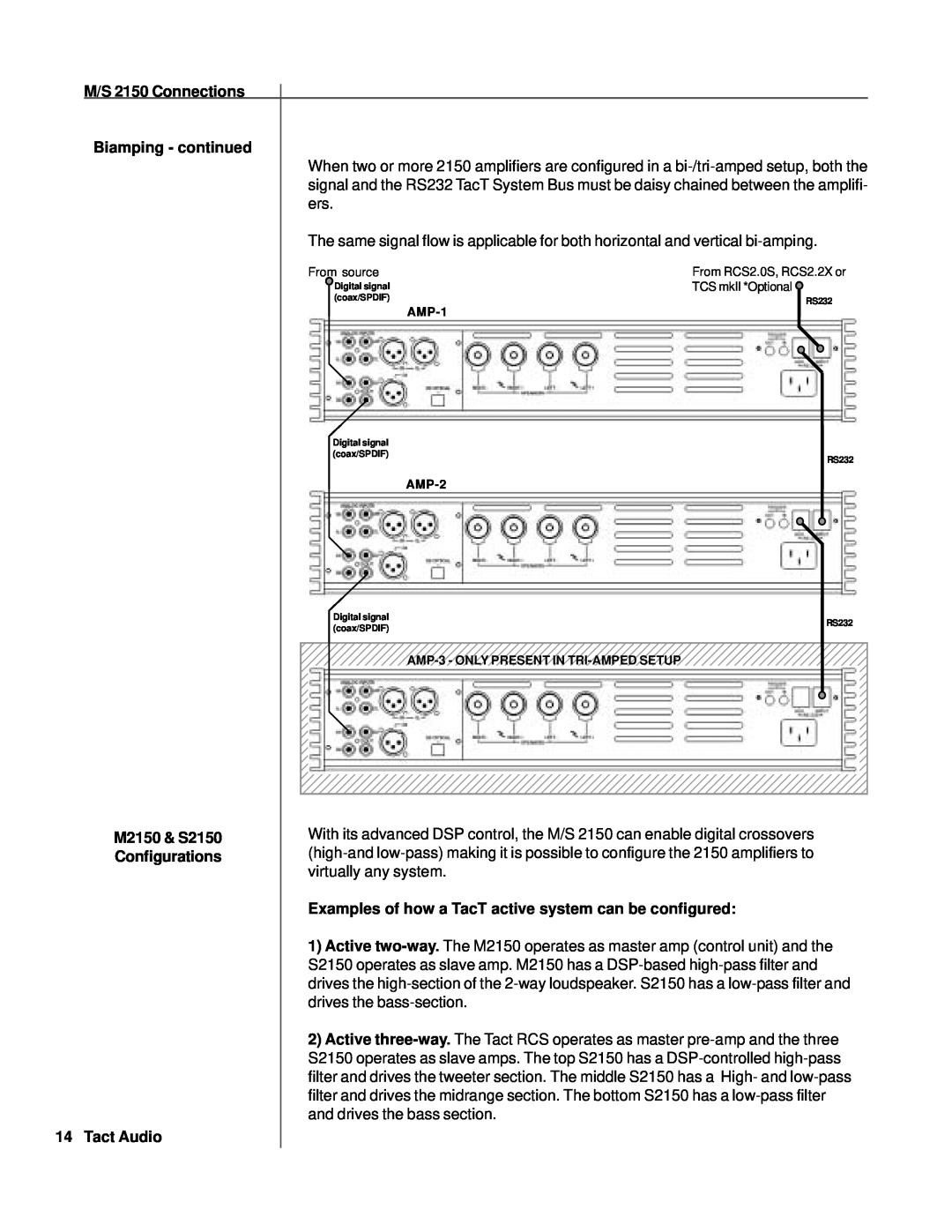 TacT Audio owner manual M/S 2150 Connections Biamping - continued, M2150 & S2150, Configurations, Tact Audio 