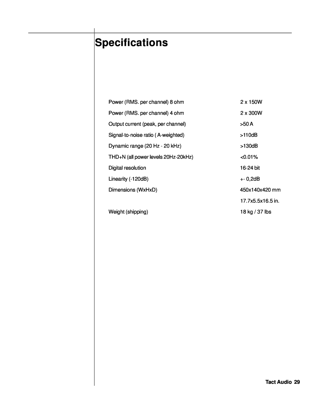 TacT Audio M2150, S2150 owner manual Specifications 