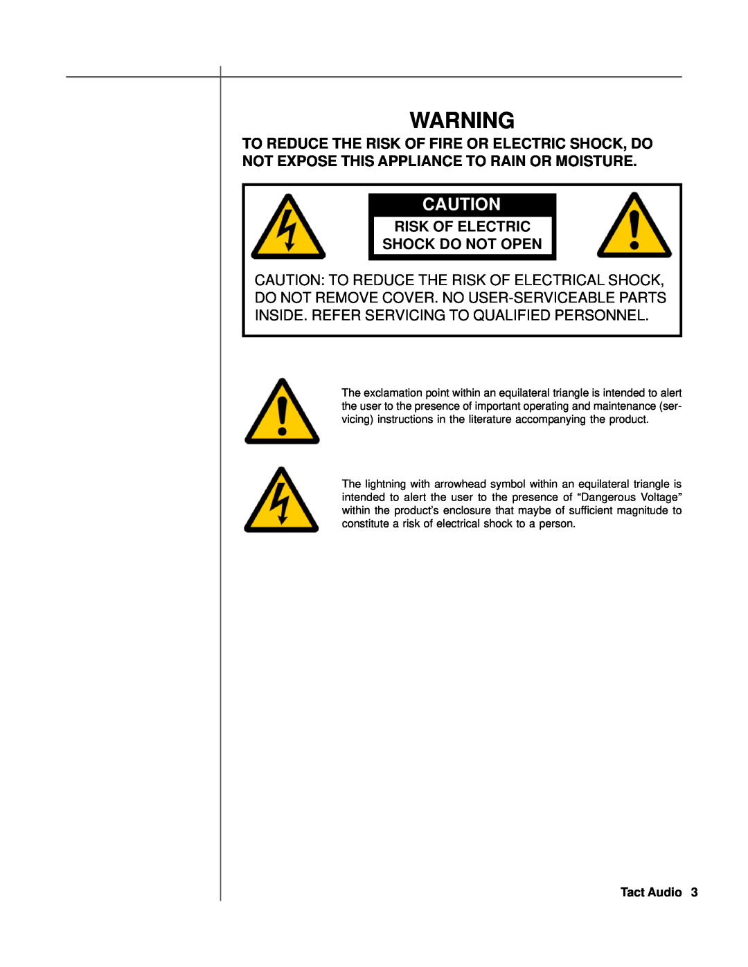 TacT Audio M2150, S2150 owner manual Risk Of Electric Shock Do Not Open, Tact Audio 
