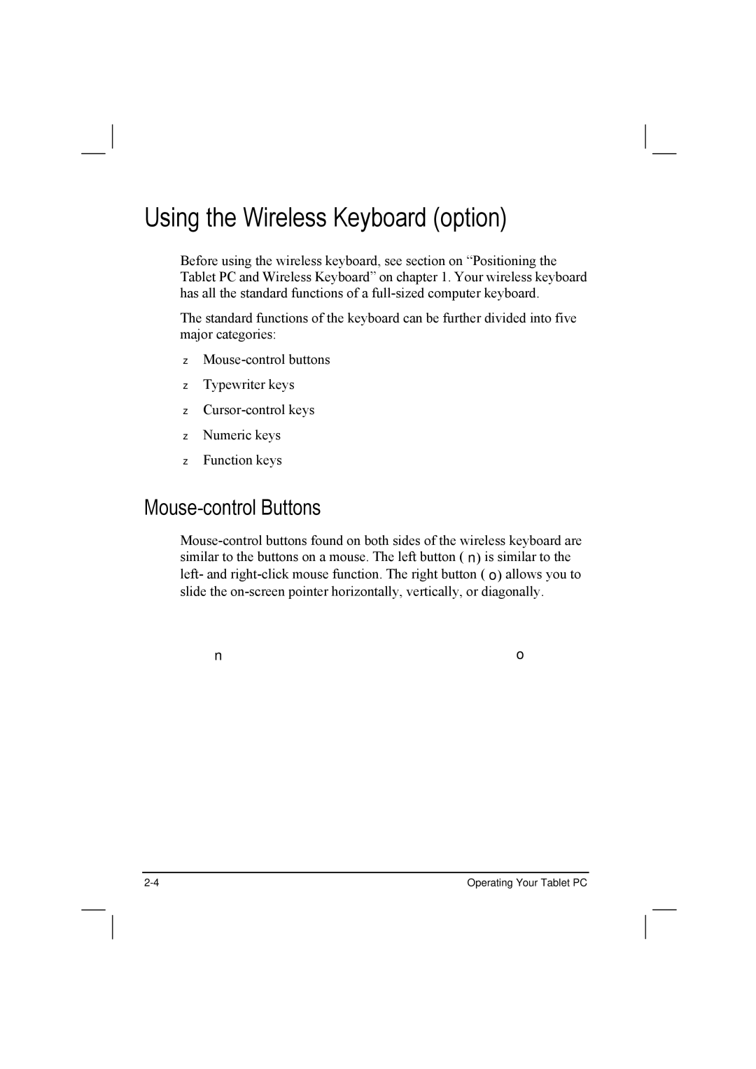 TAG 10 manual Using the Wireless Keyboard option, Mouse-control Buttons 