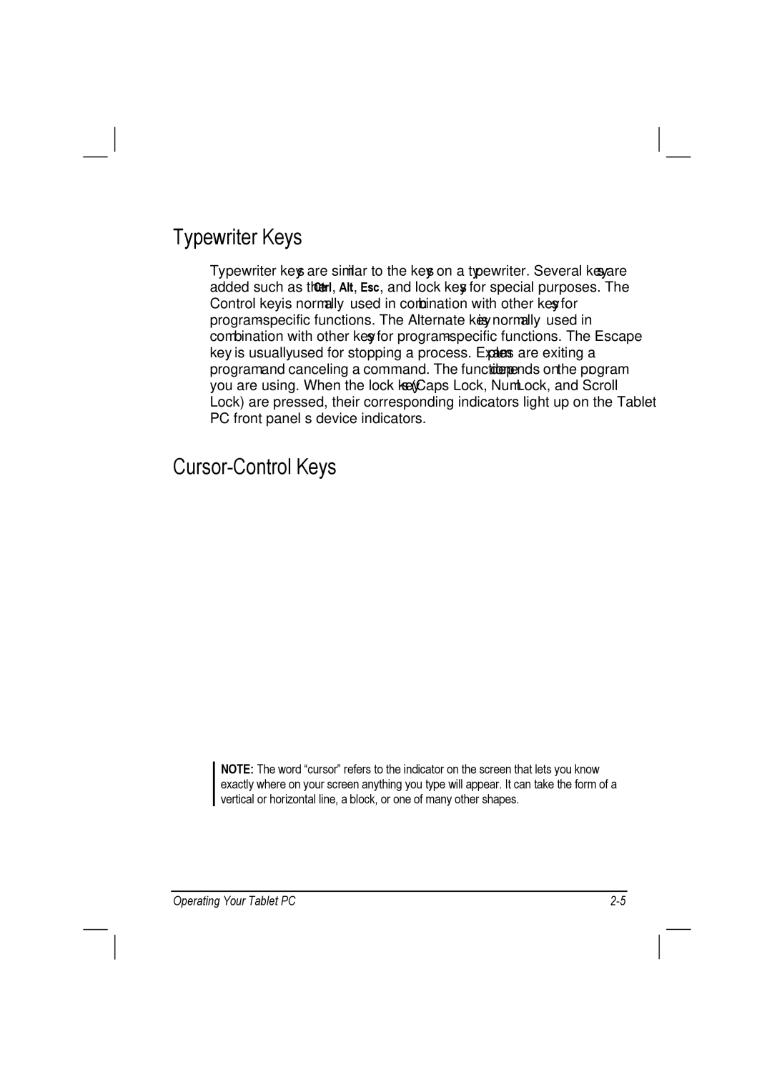TAG 10 manual Typewriter Keys, Cursor-Control Keys 