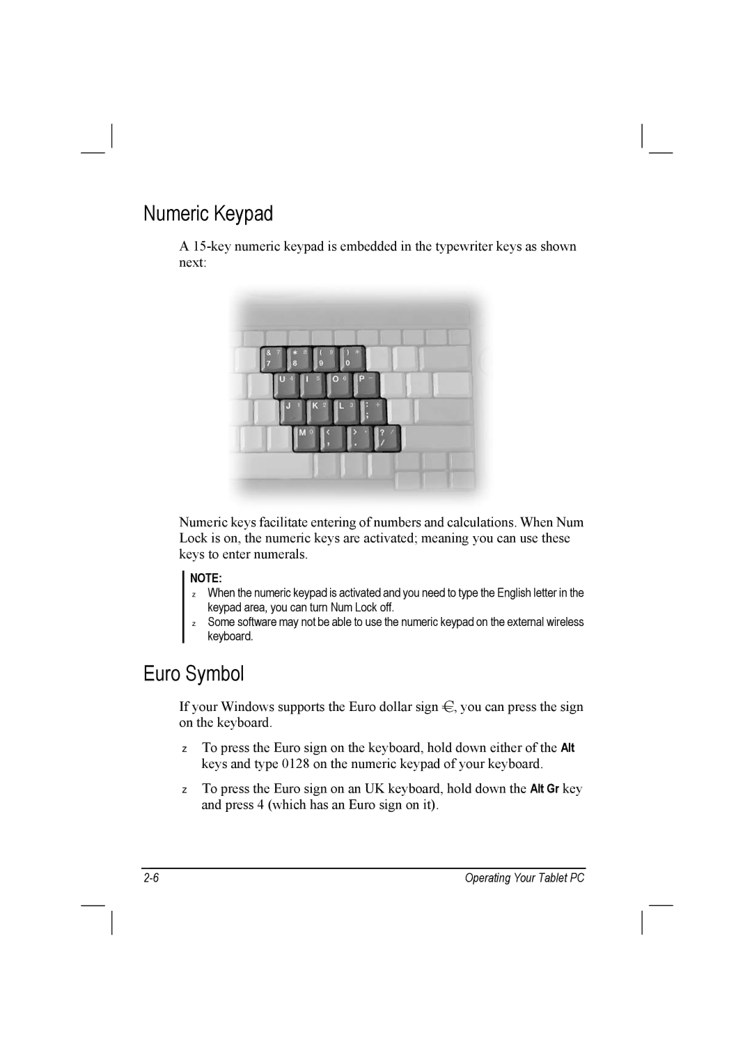 TAG 10 manual Numeric Keypad, Euro Symbol 