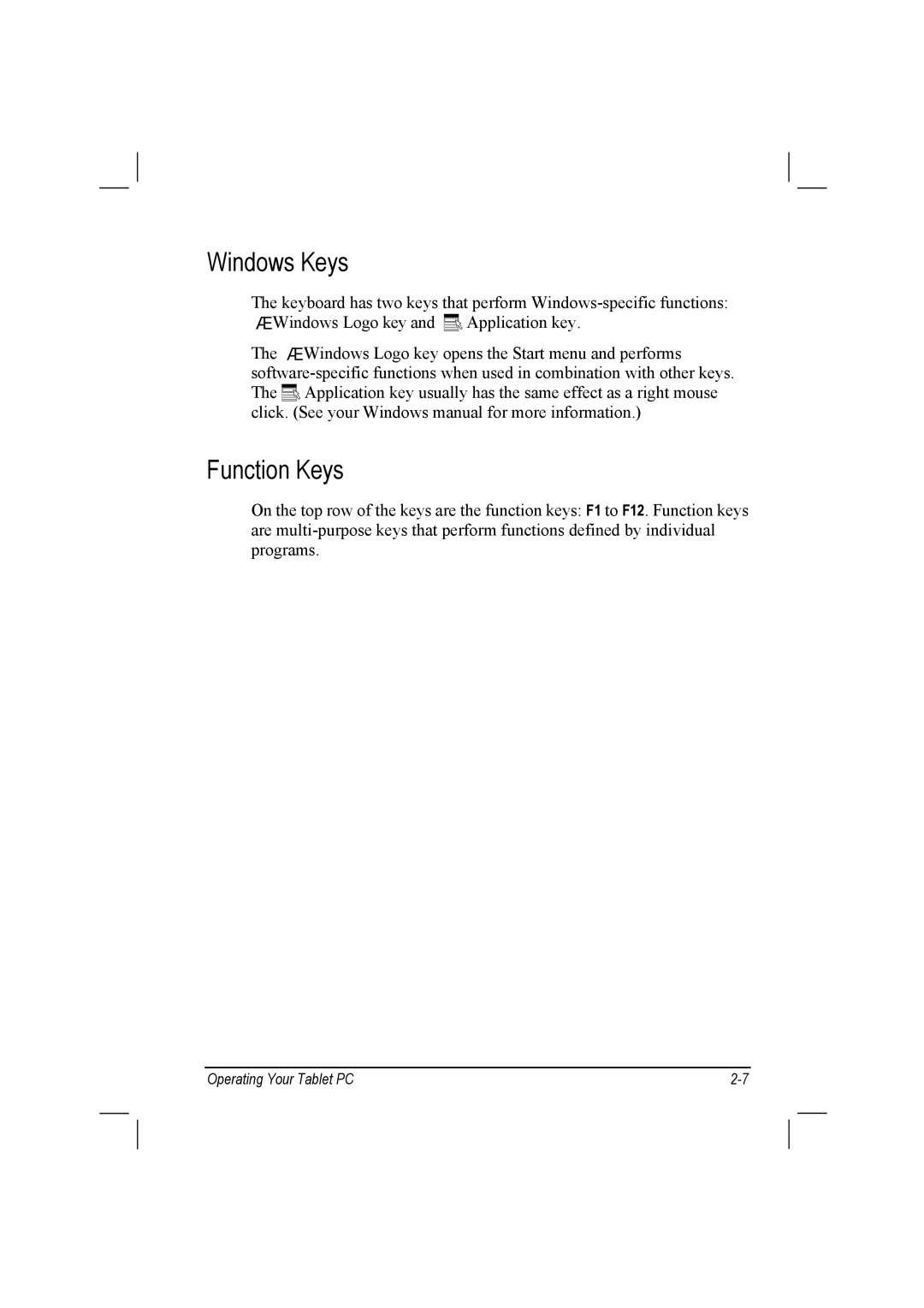 TAG 10 manual Windows Keys, Function Keys 