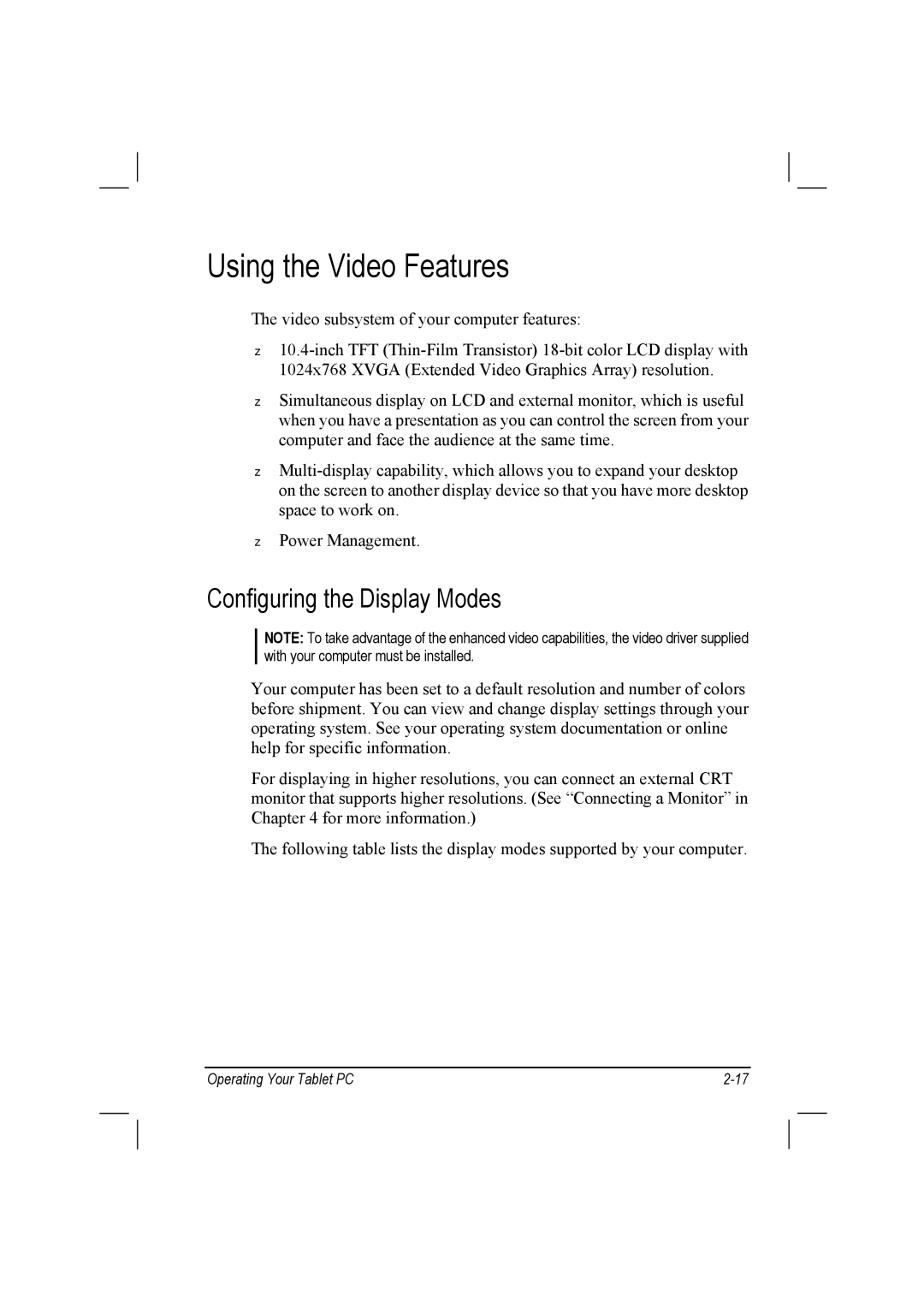 TAG 10 manual Using the Video Features, Configuring the Display Modes 