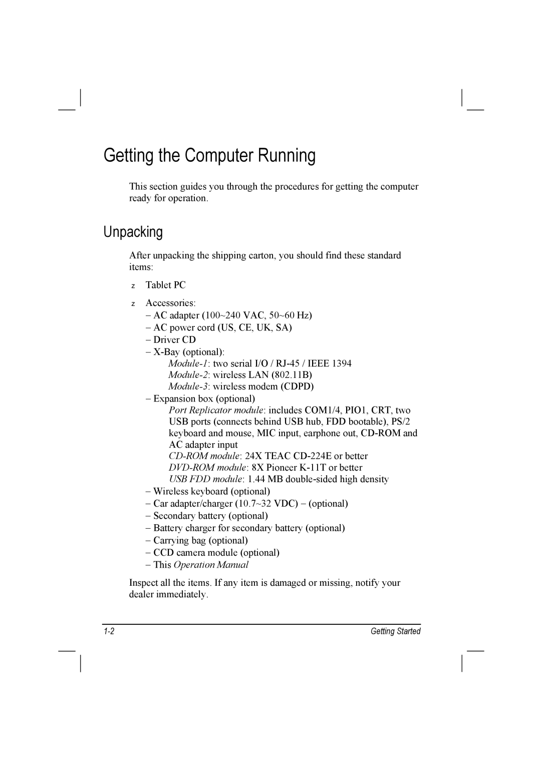 TAG 10 manual Getting the Computer Running, Unpacking 