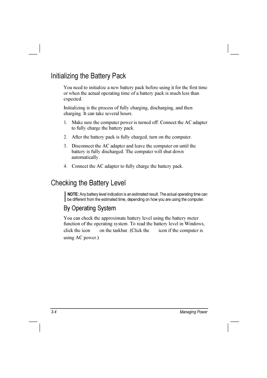 TAG 10 manual Initializing the Battery Pack, Checking the Battery Level 