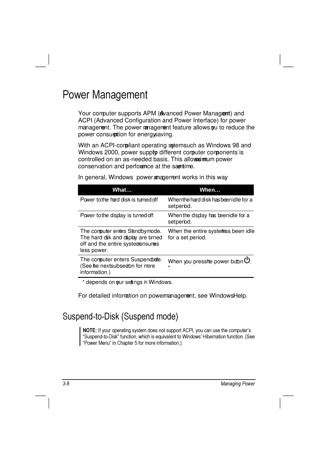 TAG 10 manual Power Management, Suspend-to-Disk Suspend mode 