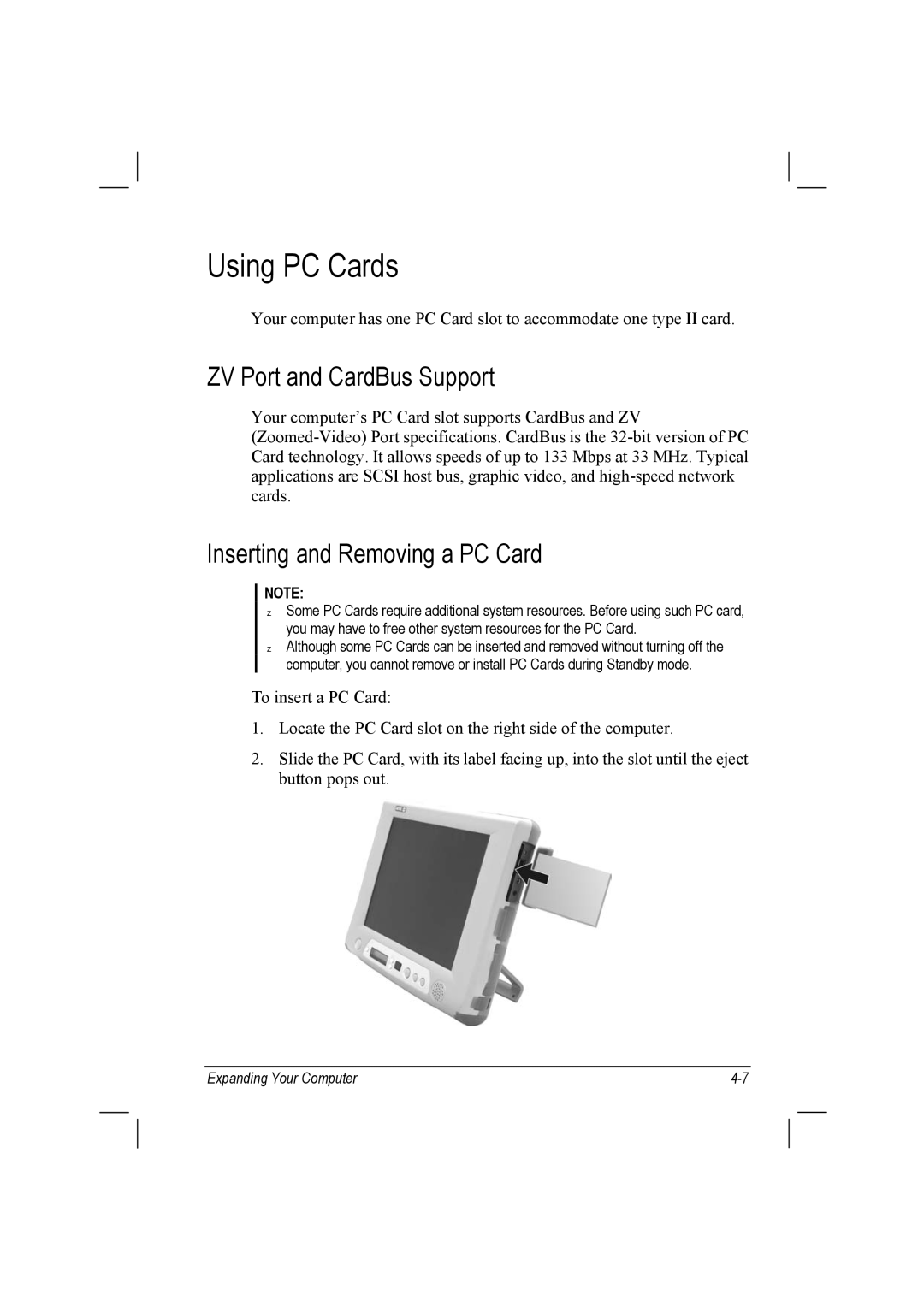 TAG 10 manual Using PC Cards, ZV Port and CardBus Support, Inserting and Removing a PC Card 