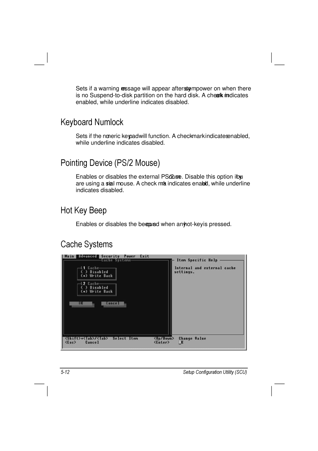 TAG 10 manual Keyboard Numlock, Pointing Device PS/2 Mouse, Hot Key Beep, Cache Systems 