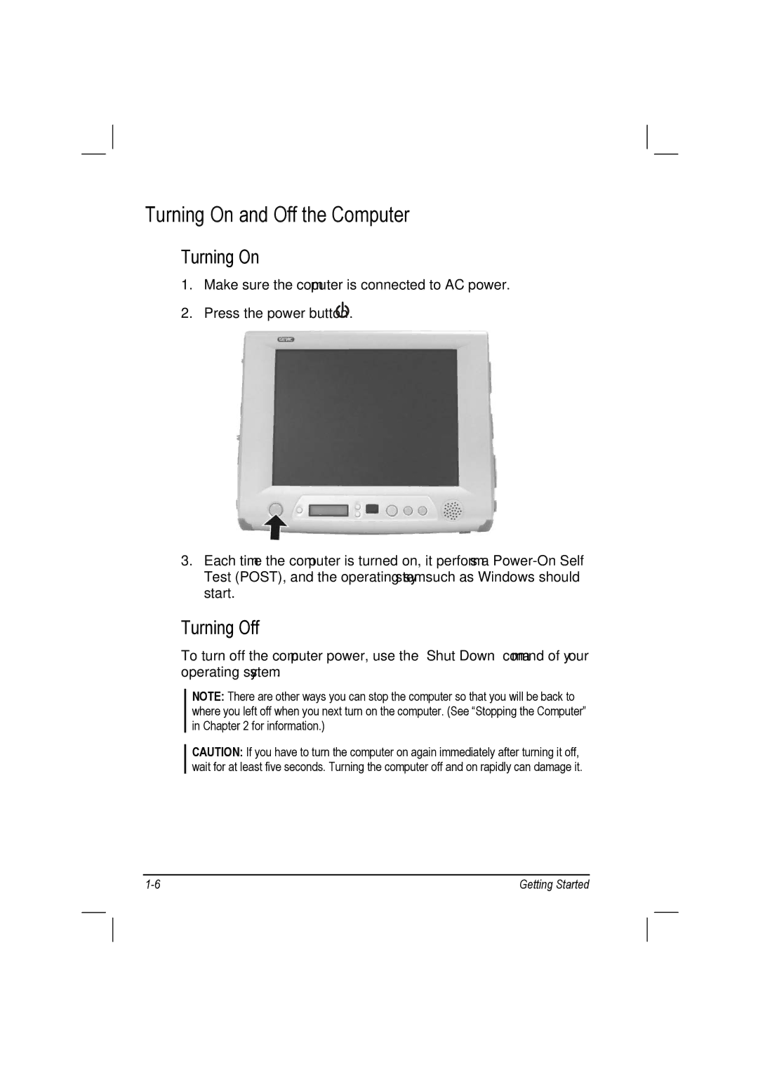 TAG 10 manual Turning On and Off the Computer 