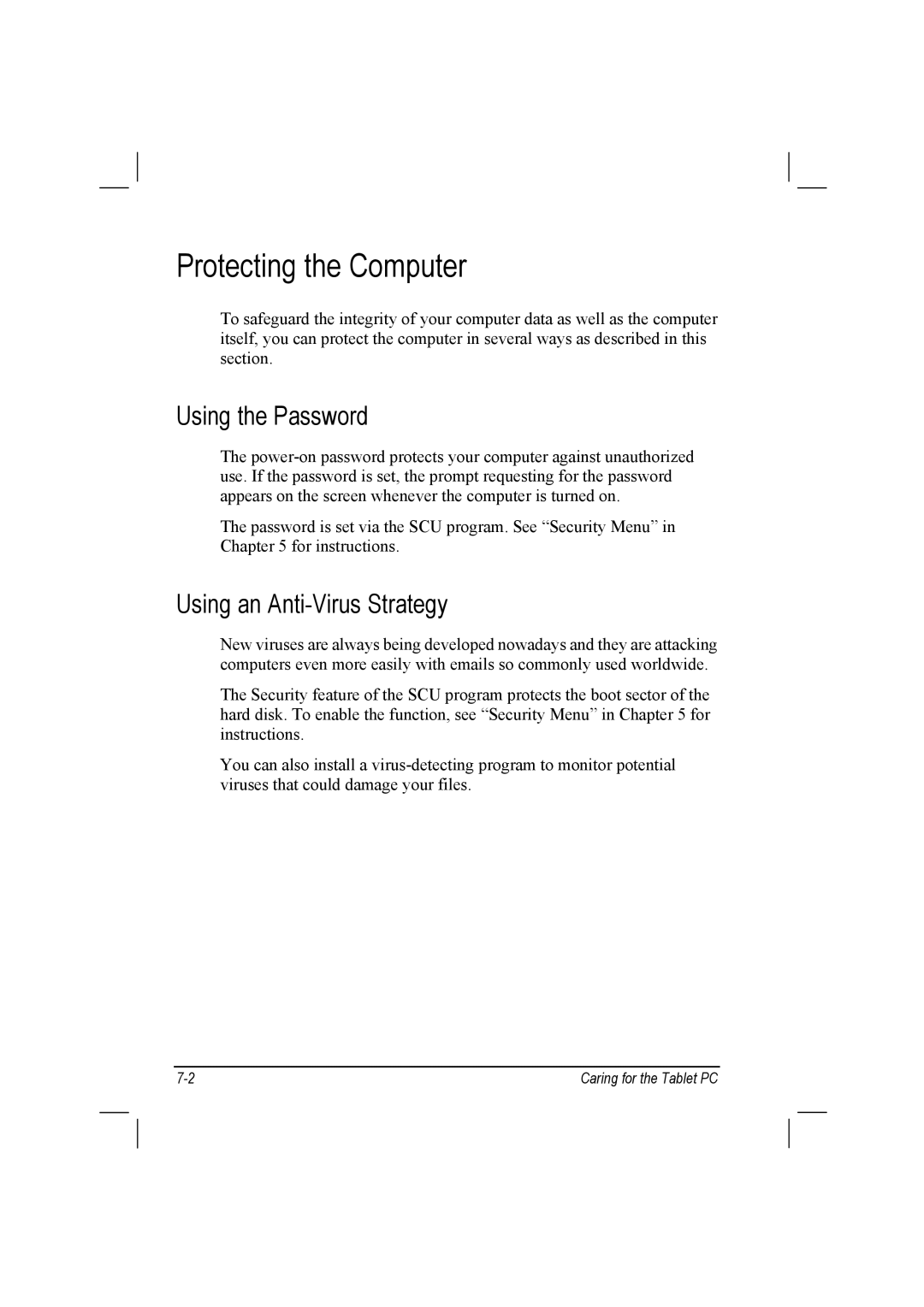 TAG 10 manual Protecting the Computer, Using the Password, Using an Anti-Virus Strategy 