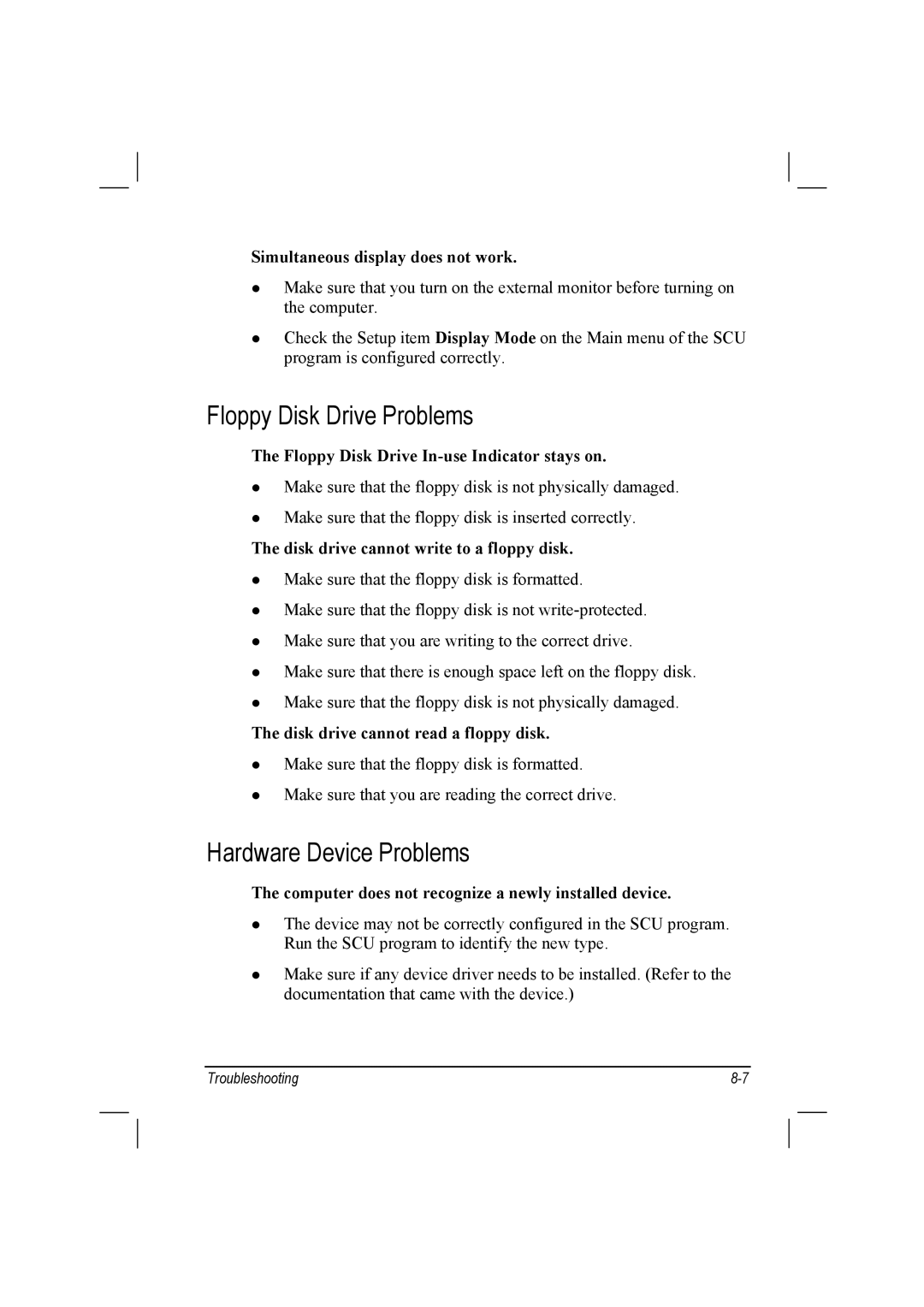 TAG 10 manual Floppy Disk Drive Problems, Hardware Device Problems 