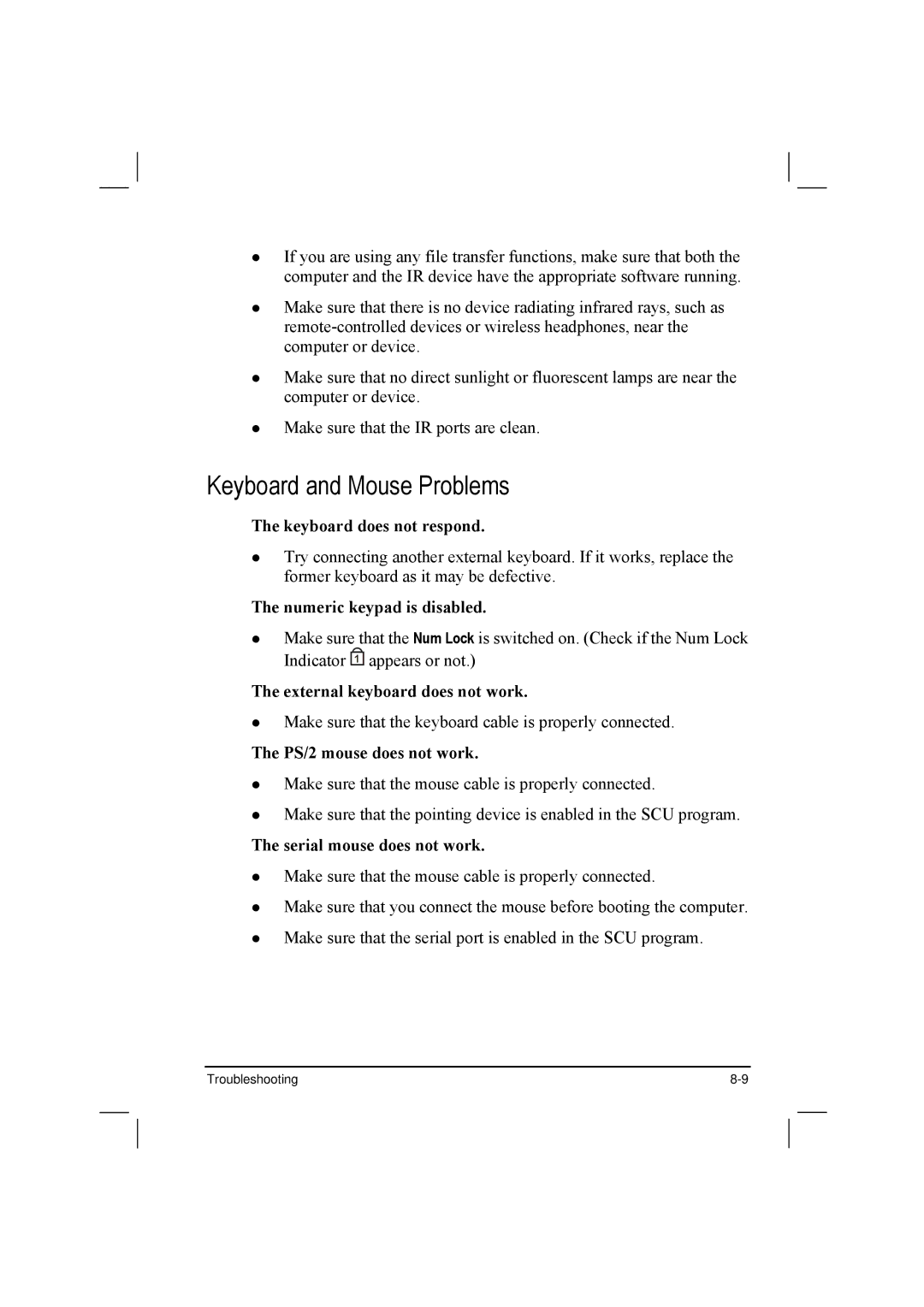 TAG 10 manual Keyboard and Mouse Problems 