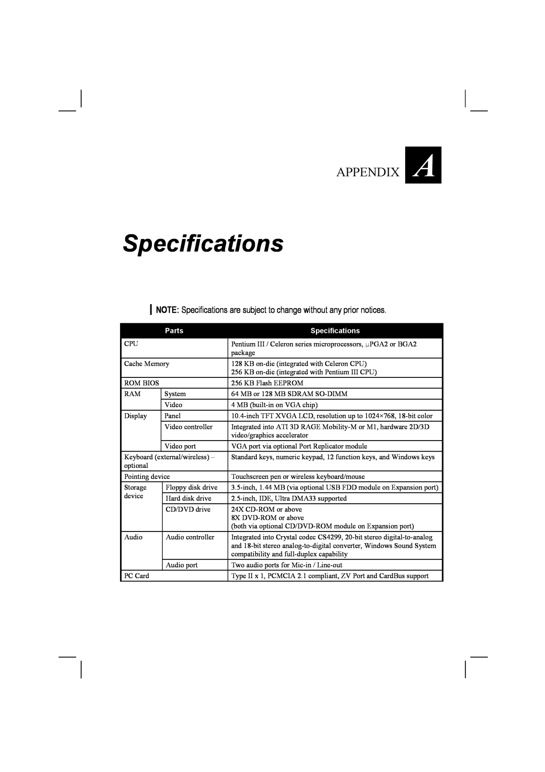 TAG 10 manual Specifications, Appendix, Parts 