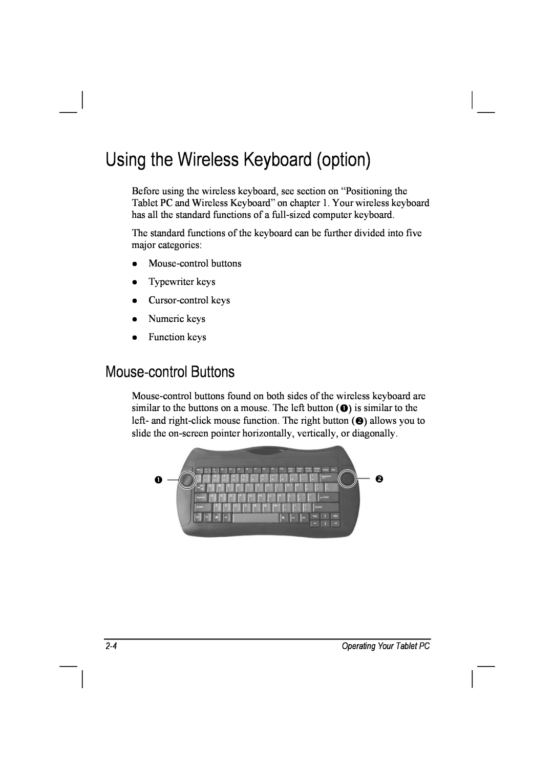 TAG 10 manual Using the Wireless Keyboard option, Mouse-control Buttons 