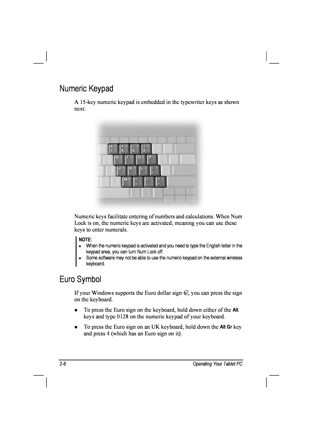 TAG 10 manual Numeric Keypad, Euro Symbol 