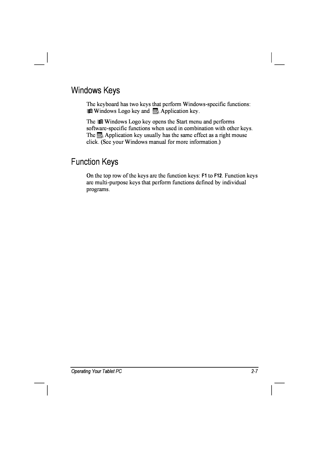 TAG 10 manual Windows Keys, Function Keys 